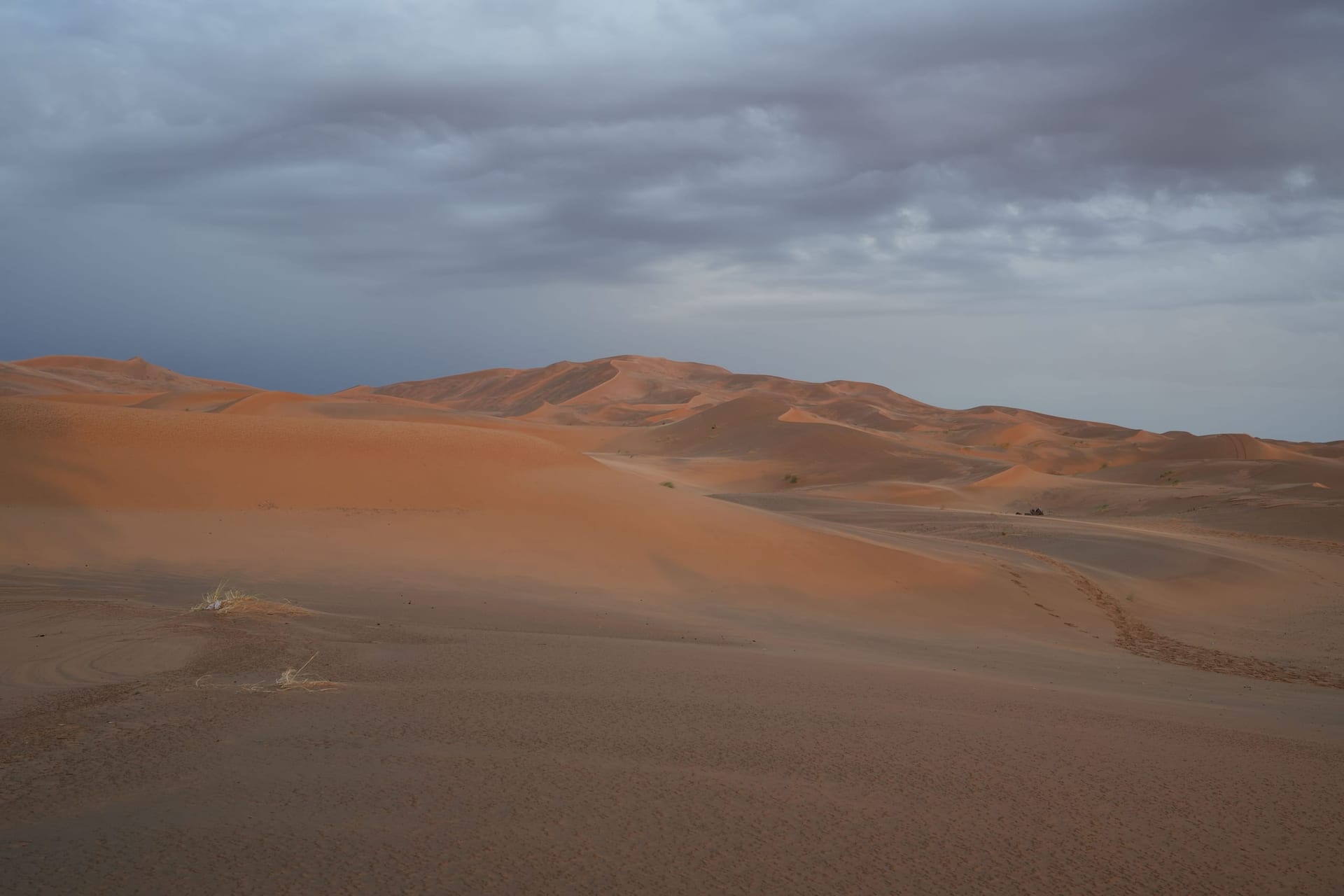 The vast dunes of Erg Chebbi under a cloudy sky